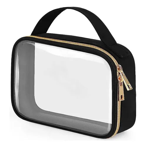 COSMETIQUERA PEQUEÑA TRANSPARENTE CON NEGRO CIERRE DORADO-TU beauty store-TU beauty store