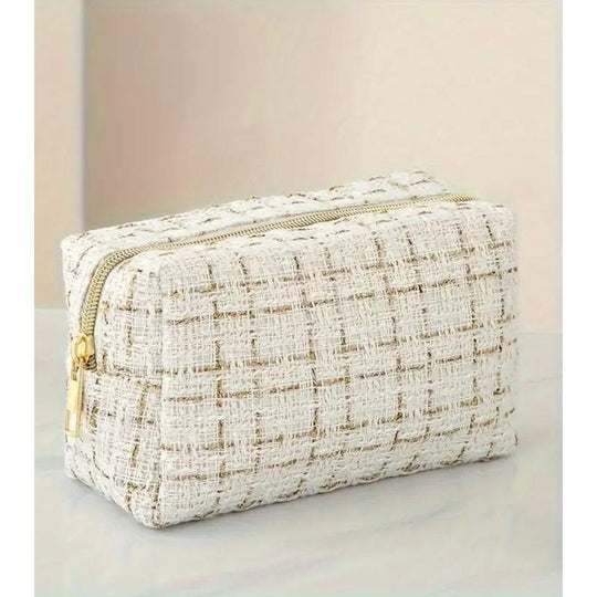COSMETIQUERA TELA TEXTURIZADA BLANCA CON DORADO-TU beauty store-TU beauty store
